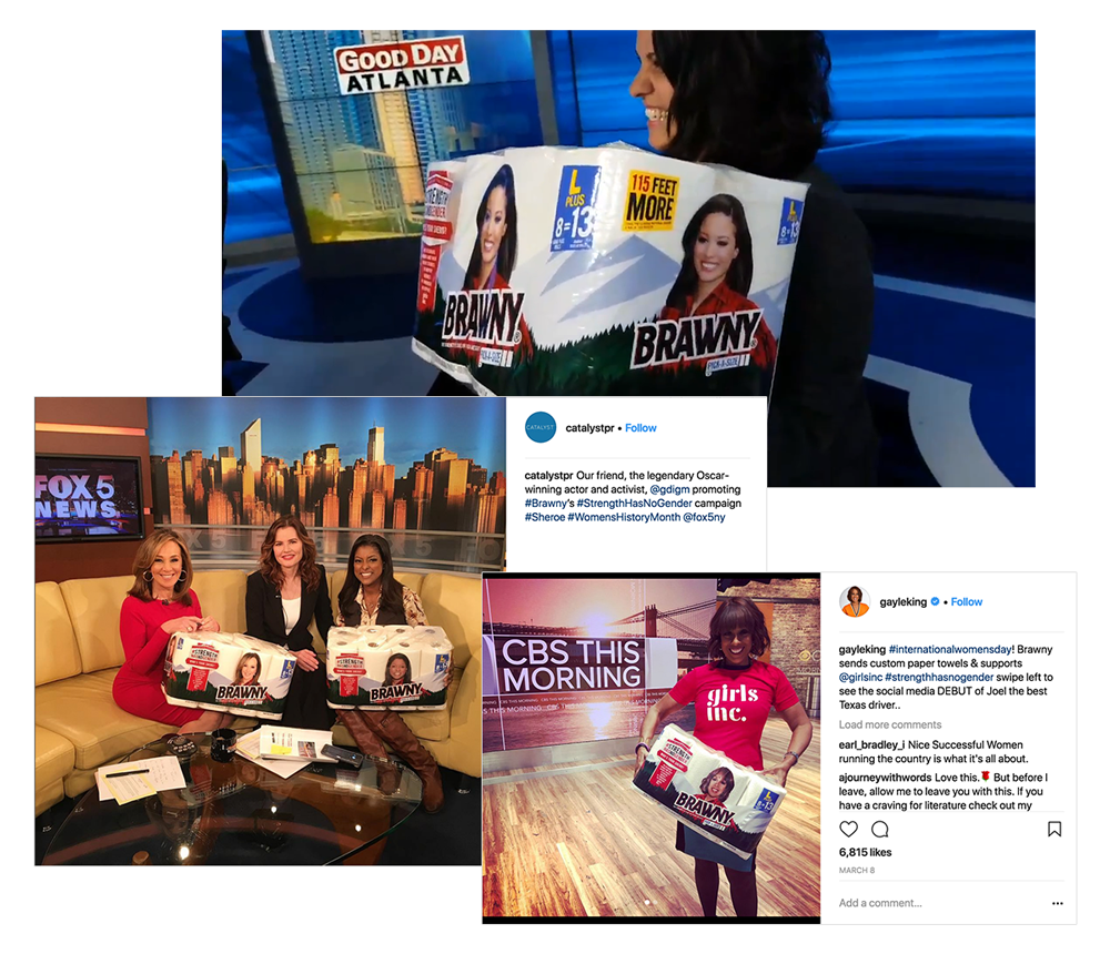 Social posts from Good Day Atlanta, Fox News, CBS Morning, featuring female news anchors with custom printed Brawny packages