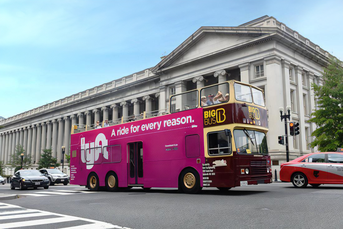 Lyft double decker bus wrap ad in San Francisco
